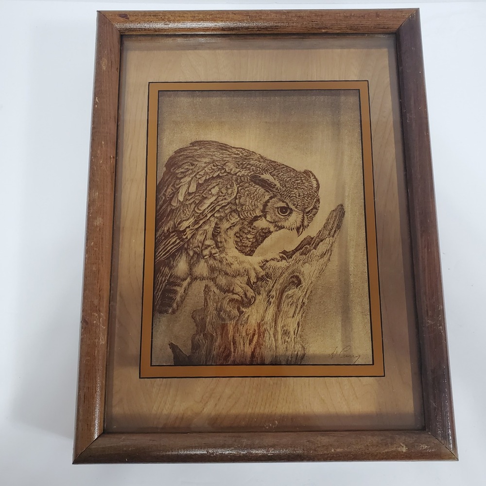 Vintage Dennis Curry Owl Etching Wood Art Print Framed 10x12 Brown